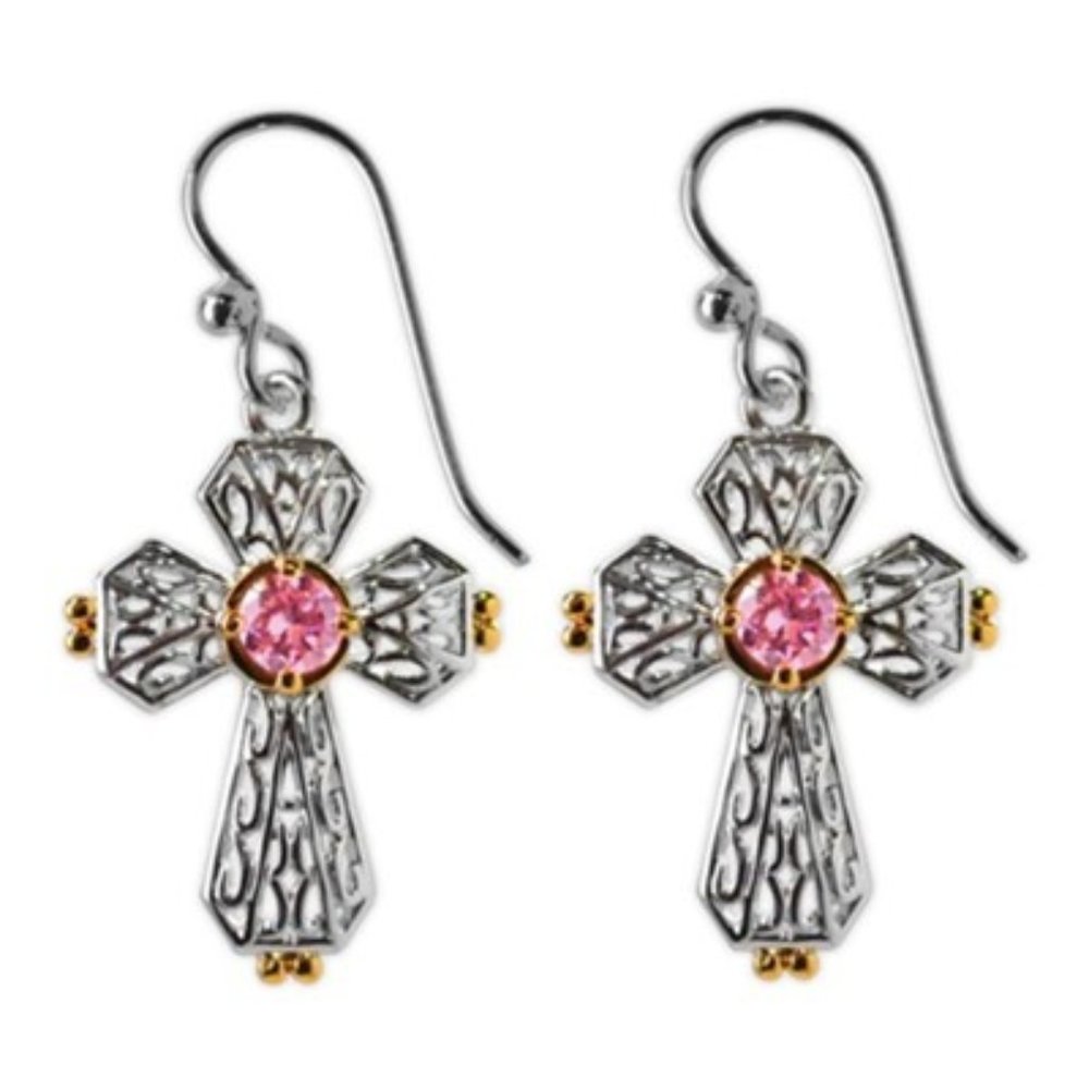 Silver Open Heart Cross with Gold and Pink Cubic Zirconia Earrings - NWT
